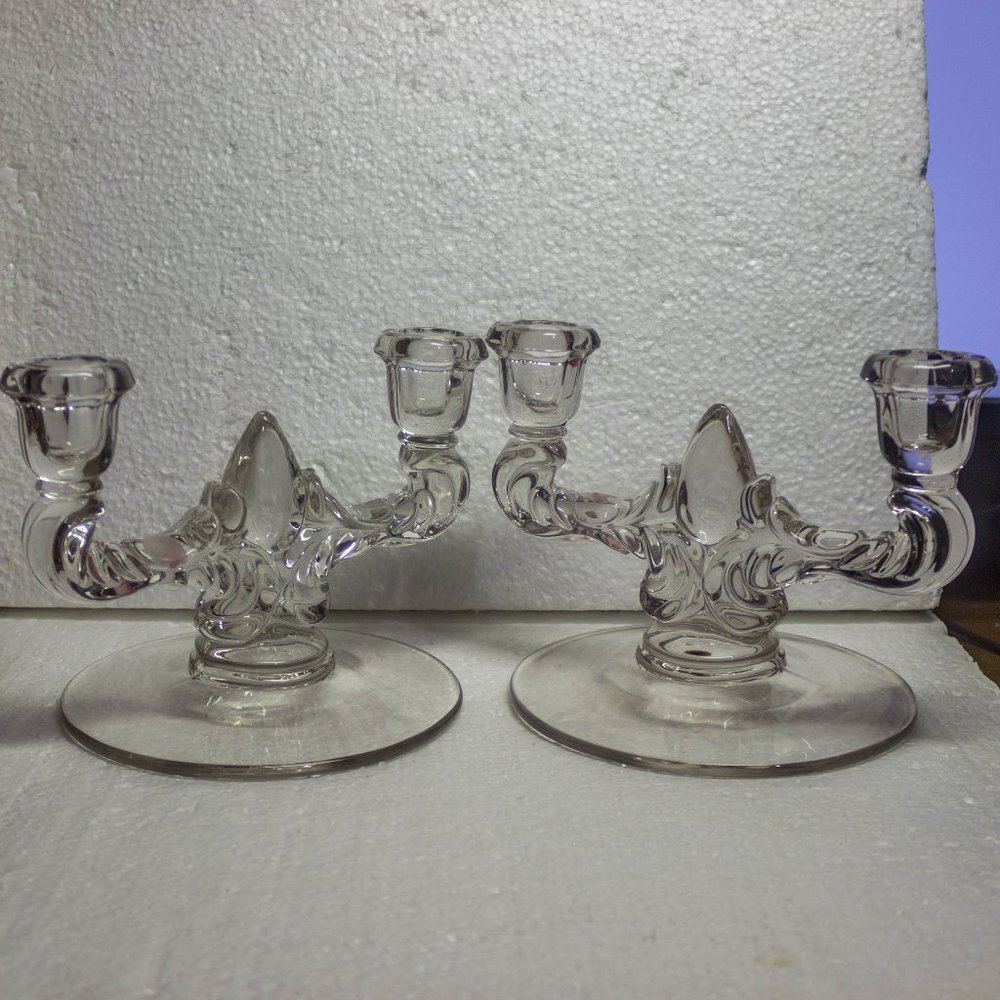 New Martinsville Number 4457 Double Candlesticks Clear Glass